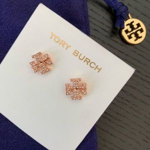Toru Burch Crystal Logo Rose Gold Stud Earrings